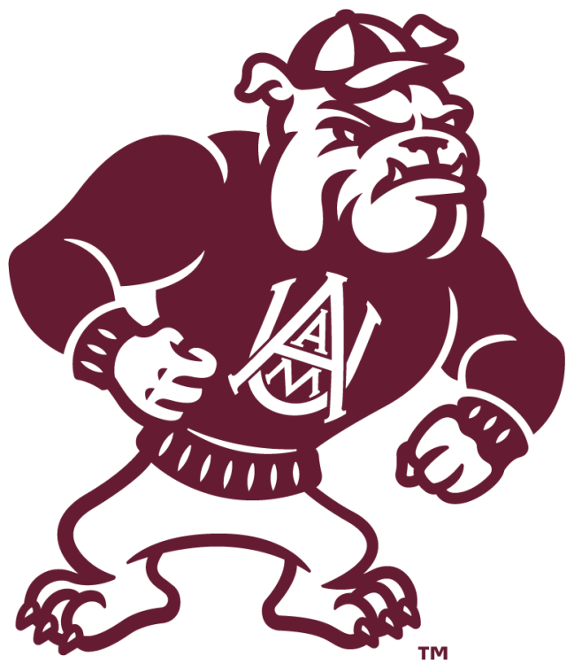 Alabama A&M Bulldogs Logo Secondary Logo (2024-Pres) - Standing Butch logo featuring an aggressive white bulldog wearing a beanie and maroon sweater with the AAMU interlock logo. This is a modernized version of the previous Standing Butch design that was introduced in October 2024. SportsLogos.Net