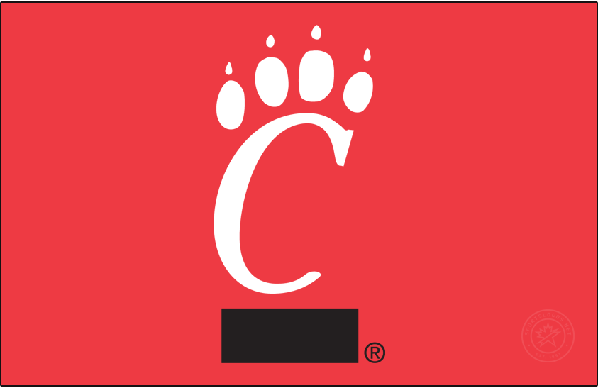 Cincinnati Bearcats Logo Primary Dark Logo (1990-2005) - C-Paw logo in white & black on red background. SportsLogos.Net