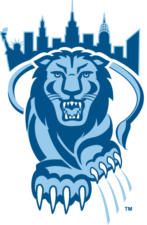 Columbia Lions Logo Alternate Logo (1997-2006) - Alternate logo of a front-facing walking lion with its tail forming an oval in the rear, underneath the skyline of New York City, all in Columbia Blue and dark blue. SportsLogos.Net