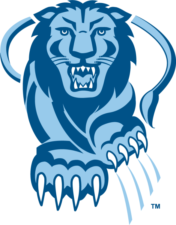 Columbia Lions Logo Alternate Logo (1997-2006) - Alternate logo of a front-facing walking lion with its lion forming an oval in the rear in Columbia Blue and dark blue. Does not include the NYC skyline. SportsLogos.Net