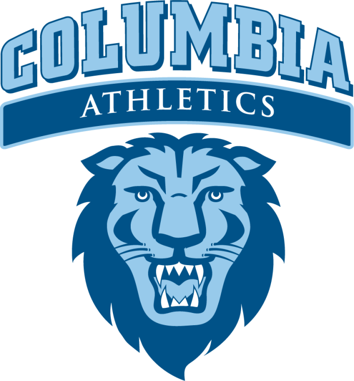 Columbia Lions Logo Alternate Logo (2006-2017) - Alternate logo with arched Columbia text in Columbia Blue with dark blue drop shadow above serif Athletics text in white inside a dark blue curved rectangle with Columbia Blue outline above the front-facing lion head in Columbia Blue, dark blue, and white. The Athletics text identity was replaced with a new system in 2017. SportsLogos.Net