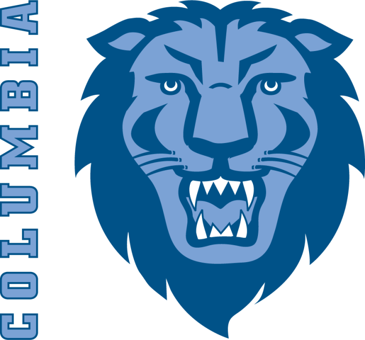 Columbia Lions Logo Alternate Logo (2025-Pres) - Alternate lockup logo of vertical serif Columbia type beside the front-facing lion head in Columbia Blue and navy. SportsLogos.Net