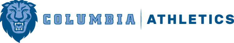 Columbia Lions Logo Alternate Logo (2025-Pres) - Alternate lockup logo of the front-facing lion head beside horizontal text of serif Columbia beside a line besides sans serif all-caps Athletics text, all in Columbia Blue and navy. SportsLogos.Net