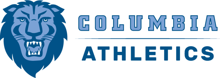Columbia Lions Logo Alternate Logo (2025-Pres) - Alternate lockup logo of the front-facing lion head beside stacked text of serif Columbia above a line above sans serif all-caps Athletics text, all in Columbia Blue and navy. SportsLogos.Net
