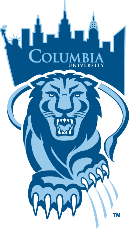 Columbia Lions Logo Primary Logo (1997-2006) - Primary logo of a front-facing walking lion with its tail forming an oval in the rear, underneath the skyline of New York City with the Columbia University wordmark, all in Columbia Blue and dark blue. SportsLogos.Net
