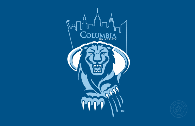 Columbia Lions Logo Primary Dark Logo (1997-2006) - Primary logo of a front-facing walking lion with its tail forming an oval in the rear, underneath the skyline of New York City with the Columbia University wordmark, all in Columbia Blue and dark blue on dark blue background. SportsLogos.Net
