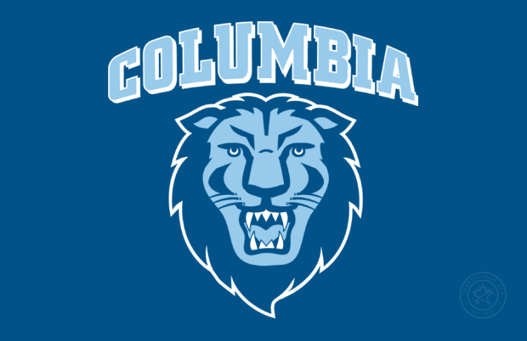 Columbia Lions Logo Primary Dark Logo (2006-2025) - Primary logo with flat bottom arched Columbia serif text in Columbia Blue with white drop shadow above the front-facing lion head in Columbia Blue, dark blue, and white with white outline on dark blue background. SportsLogos.Net
