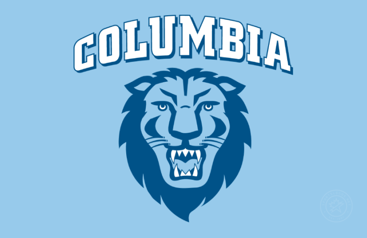 Columbia Lions Logo Primary Dark Logo (2006-2025) - Primary logo with flat bottom arched Columbia serif text in white with dark blue drop shadow above the front-facing lion head in Columbia Blue, dark blue, and white on Columbia Blue background. SportsLogos.Net