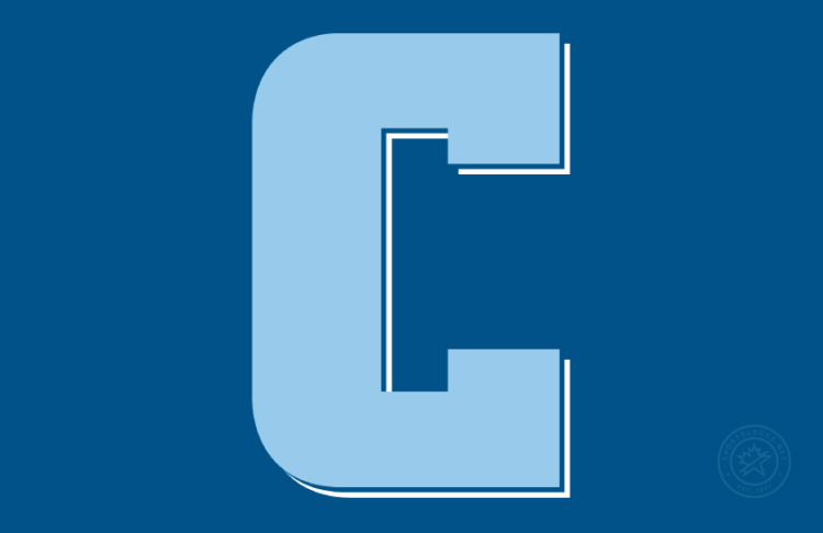 Columbia Lions Logo Secondary Logo (2006-2025) - Secondary Block C logo with serifs in Columbia Blue with white drop shadow on dark blue background. Columbia Blue would be changed in 2025. SportsLogos.Net