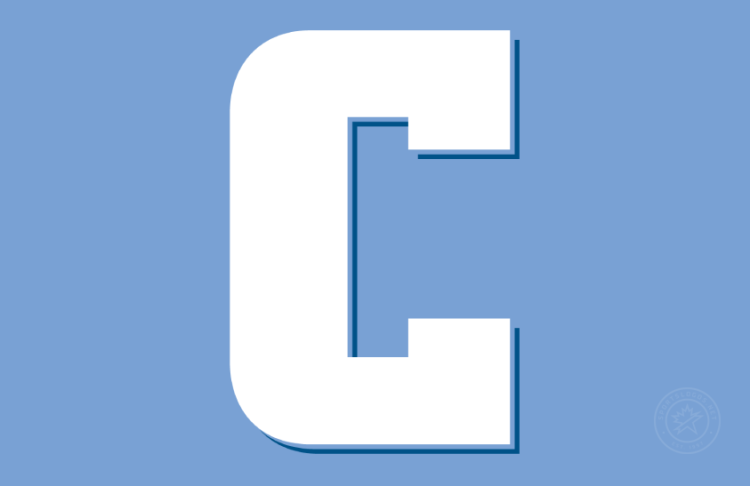 Columbia Lions Logo Secondary Logo (2025-Pres) - Secondary Block C logo with serifs in white with navy drop shadow on Columbia Blue background.  In 2024, Columbia Athletics adjusted its color palette to incorporate a slightly darker shade of Columbia University Blue. The new shade provides increased contrast for use in electronic and print applications, as well as enhanced consistency with performance athletic apparel textiles. SportsLogos.Net