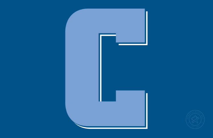 Columbia Lions Logo Secondary Logo (2025-Pres) - Secondary Block C logo with serifs in Columbia Blue with white drop shadow on navy background.  In 2024, Columbia Athletics adjusted its color palette to incorporate a slightly darker shade of Columbia University Blue. The new shade provides increased contrast for use in electronic and print applications, as well as enhanced consistency with performance athletic apparel textiles. SportsLogos.Net