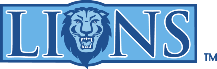 Columbia Lions Logo Wordmark Logo (1997-2006) - LIONS wordmark featuring the front-facing lion head at the place of O of Lions, the text with serif on a rectangle, all in Columbia Blue and dark blue. SportsLogos.Net