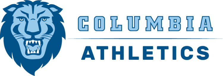 Columbia Lions Logo Wordmark Logo (2017-2025) - Lockup wordmark with the front-facing lion head beside stacked text of serif Columbia above a line above sans serif all-caps Athletics in Columbia Blue and dark navy. Columbia Blue would be changed in 2025. SportsLogos.Net