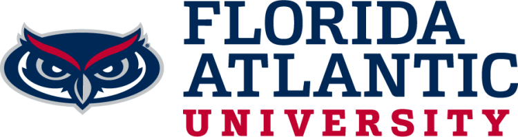 Florida Atlantic Owls Logo Misc Logo (2024-Pres) - Academic mark of the owl head beside left-aligned stacked serif Florida Atlantic text in blue above smaller University text in red. SportsLogos.Net