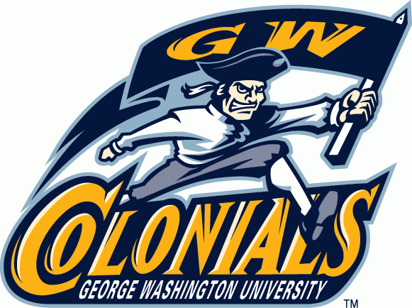 George Washington Colonials Primary Logo (1997-2008) - Colonial with GW banner attached to Washington Monument with script SportsLogos.Net