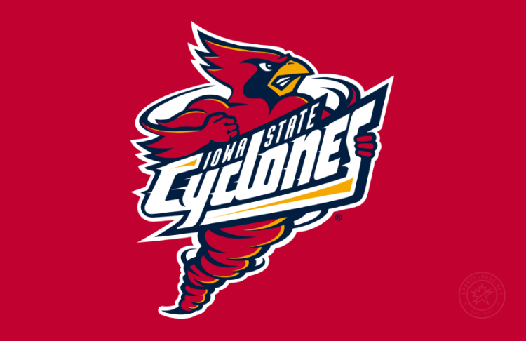 Iowa State Cyclones Logo Alt on Dark Logo (1995-2007) - Alternate logo of Cy the Cardinal as a cyclone with stylized text of Iowa State Cyclones (larger Cyclones text) across the center in cardinal, gold, and navy with white outline on cardinal background. SportsLogos.Net