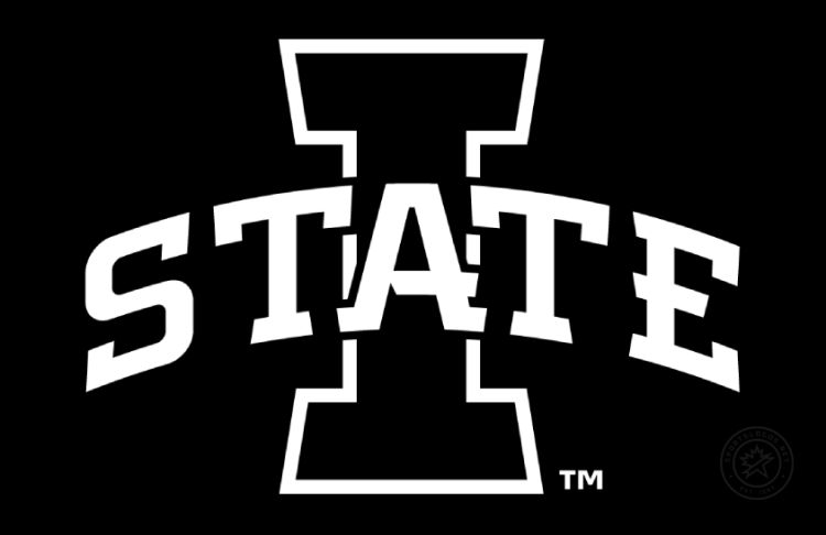 Iowa State Cyclones Logo Alt on Dark Logo (2008-Pres) - 2-Color Primary I State logo in black and white on black background. Composed of STATE arched atop a block I. SportsLogos.Net