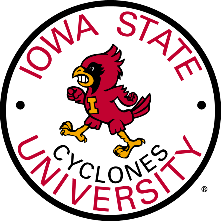 Iowa State Cyclones Logo Alternate Logo (1964-1970) - Left-facing angry Walking Cy with a block I on its chest inside a white roundel with arched Iowa State text at the top and Cyclones & University text below. Shown in cardinal, gold, and black. SportsLogos.Net