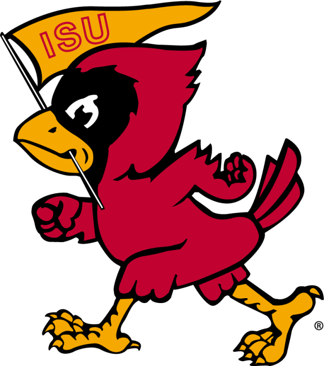 Iowa State Cyclones Logo Alternate Logo (1965-1970) - Left-facing smiling Walking Cy with a pennant in its mouth reading ISU, shown in cardinal, gold, and black. SportsLogos.Net