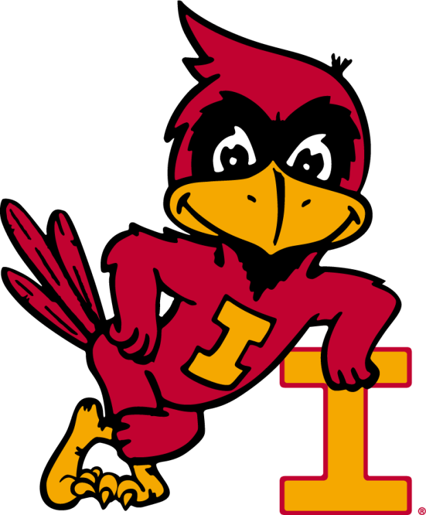 Iowa State Cyclones Logo Alternate Logo (1974-1983) - Leaning smiling Cy the cardinal on a short block I. Another Block I is featured in Cy`s chest. Shown in cardinal, gold, and black. SportsLogos.Net