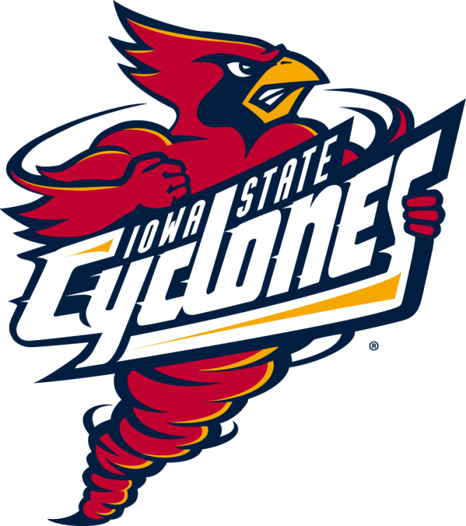 Iowa State Cyclones Logo Alternate Logo (1995-2007) - Alternate logo of Cy the Cardinal as a cyclone with stylized text of Iowa State Cyclones (larger Cyclones text) across the center in cardinal, gold, and navy. SportsLogos.Net