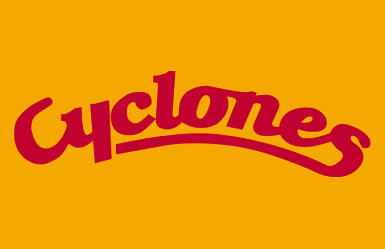 Iowa State Cyclones Logo Helmet Logo (1987-1994) - Arched script Cyclones wordmark in cardinal on gold football helmet. SportsLogos.Net
