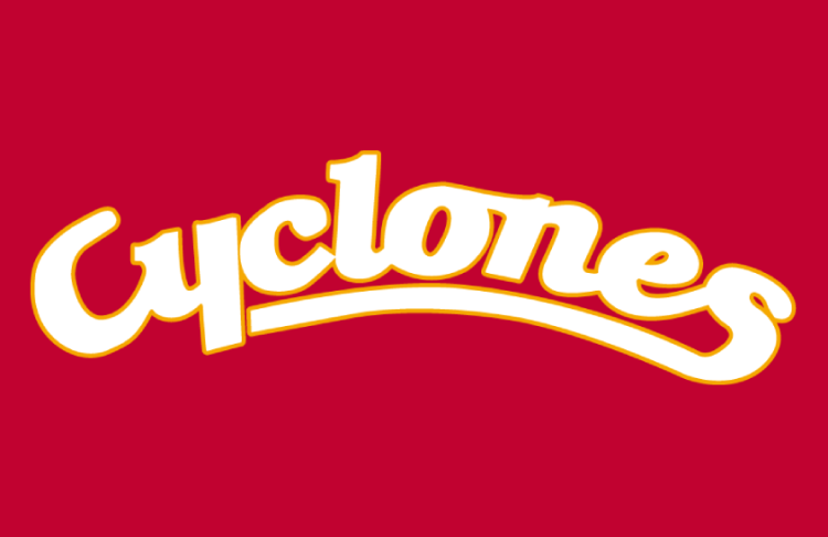 Iowa State Cyclones Logo Helmet Logo (2025-Pres) - Throwback arched script Cyclones logo in white with gold trim on cardinal football helmet. SportsLogos.Net