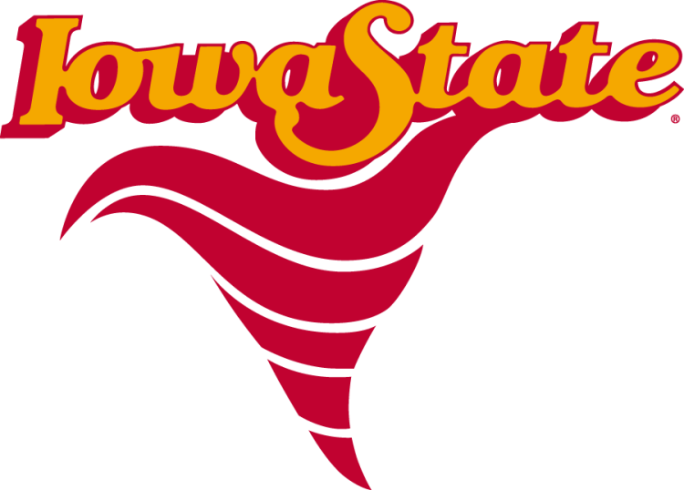 Iowa State Cyclones Logo Primary Logo (1983-1995) - Primary logo of script Iowa State text in gold with cardinal drop shadow above a minimal cyclone design. SportsLogos.Net