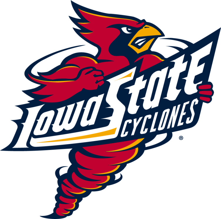 Iowa State Cyclones Logo Primary Logo (1995-2007) - Primary logo of Cy the Cardinal as a cyclone with stylized text of Iowa State Cyclones across the center in cardinal, gold, and navy. SportsLogos.Net