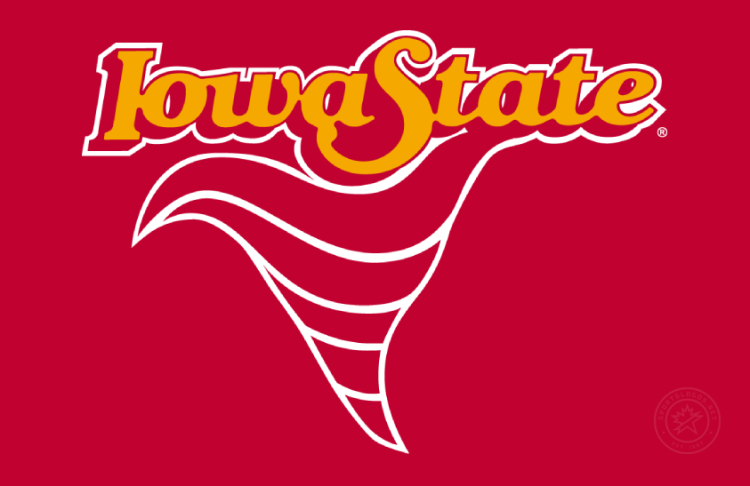 Iowa State Cyclones Logo Primary Dark Logo (1983-1995) - Primary logo of script Iowa State text in gold with cardinal drop shadow above a minimal cyclone design all outlined in white on cardinal background. SportsLogos.Net