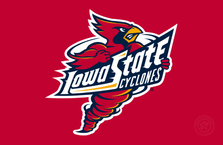 Iowa State Cyclones Logo Primary Dark Logo (1995-2007) - Primary logo of Cy the Cardinal as a cyclone with stylized text of Iowa State Cyclones across the center in cardinal, gold, and navy with white outline on cardinal background. SportsLogos.Net