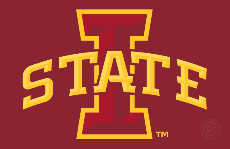 Iowa State Cyclones Logo Primary Dark Logo (2008-Pres) - 4-Color Primary I State logo on cardinal background. Composed of STATE arched atop I with bevels, 2 shades of cardinal, and 2 shades of gold. SportsLogos.Net