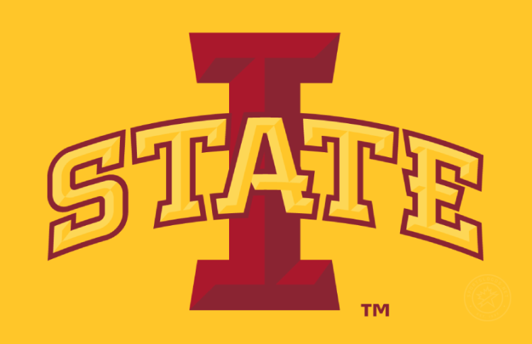 Iowa State Cyclones Logo Primary Dark Logo (2008-Pres) - 4-Color Primary I State logo on gold background. Composed of STATE arched atop I with bevels, 2 shades of cardinal, and 2 shades of gold. SportsLogos.Net