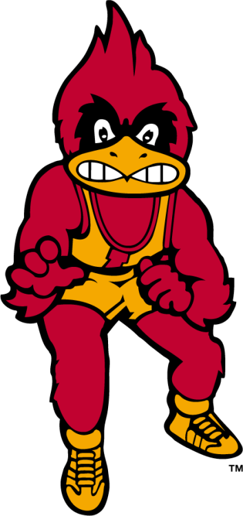 Iowa State Cyclones Logo Mascot Logo (1970-1974) - Front-facing wrestling-specific Cy the Cardinal mascot logo wearing a gold singlet with block I and gold shoes. Years of use may not be exact. SportsLogos.Net