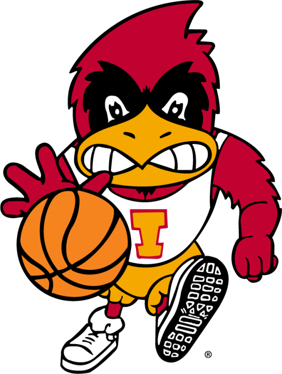 Iowa State Cyclones Logo Mascot Logo (1970-1974) - Front-facing basketball-specific Cy the Cardinal mascot logo wearing a white jersey with Block I, gold shorts, sneakers while dribbling a basketball. Years of use may not be exact. SportsLogos.Net