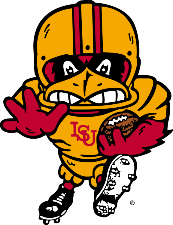 Iowa State Cyclones Logo Mascot Logo (1970-1974) - Front-facing football-specific Cy the Cardinal mascot logo wearing a gold helmet, gold uniform with cardinal ISU letters, cleats while carrying a football. Years of use may not be exact. SportsLogos.Net