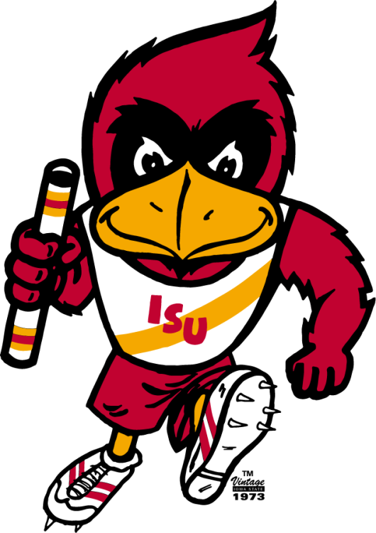 Iowa State Cyclones Logo Mascot Logo (1970-1974) - Front-facing track-specific Cy the Cardinal mascot logo wearing a white top with gold stripe & ISU letters, cardinal shoes, cleats while carrying a baton. Years of use may not be exact. SportsLogos.Net