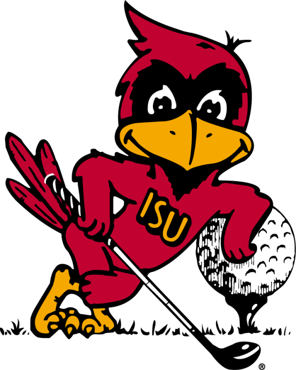 Iowa State Cyclones Logo Mascot Logo (1974-1983) - Cy the Cardinal mascot logo leaning an oversized golf ball on tee while holding a driver. Years of use may not be exact. SportsLogos.Net