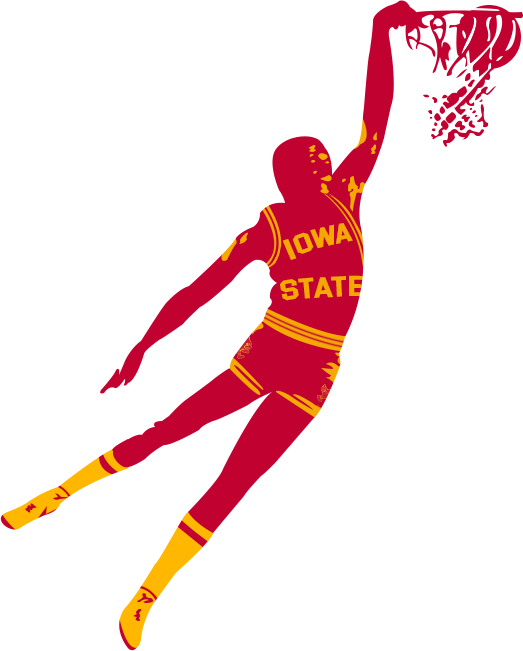 Iowa State Cyclones Logo Secondary Logo (1980-1993) - Silhouette of a dunking basketball player in cardinal uniform with gold Iowa State text across the chest. Not the official version. Years of use may not be exact. SportsLogos.Net
