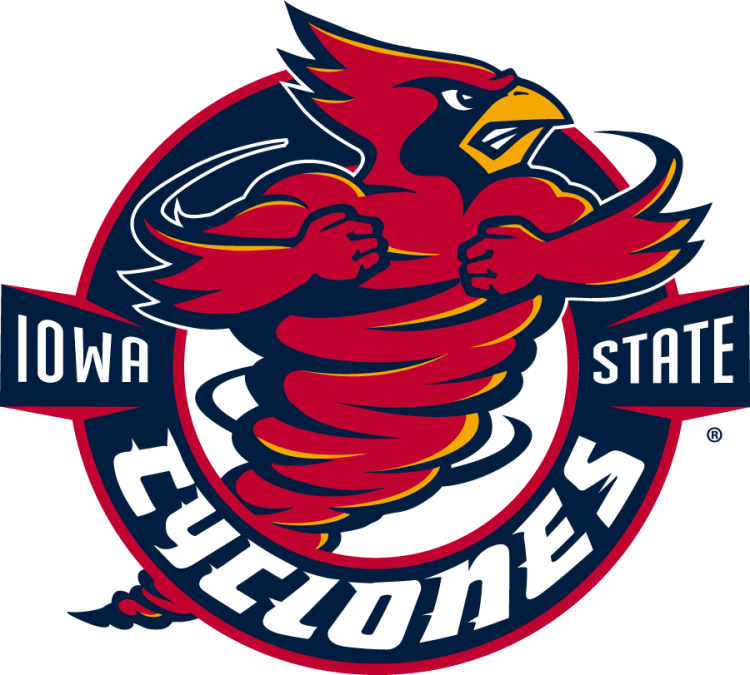 Iowa State Cyclones Logo Secondary Logo (1995-2007) - Secondary logo of Cy the Cardinal as a cyclone in punching pose inside a roundel flanked by Iowa State text in white and with stylized Cyclones text at the bottom. Shown in cardinal, gold, and navy. SportsLogos.Net