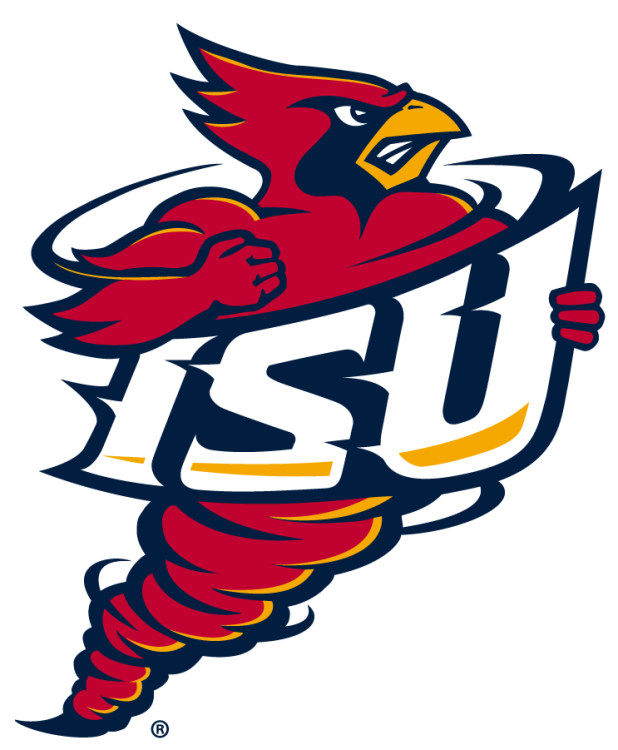 Iowa State Cyclones Logo Secondary Logo (1995-2007) - Secondary logo of Cy the Cardinal as a cyclone with stylized ISU text across the center in cardinal, gold, and navy. Shown with white background. Was worn on their football helmets on the right side with a different front-facing version for the left side. SportsLogos.Net