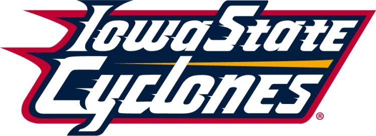 Iowa State Cyclones Logo Wordmark Logo (1995-2007) - Stylized stacked Iowa State Cyclones wordmark in white with gold accent, navy inline, and cardinal outline. SportsLogos.Net