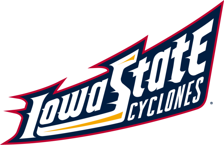 Iowa State Cyclones Logo Wordmark Logo (1995-2007) - Stylized arched Iowa State Cyclones wordmark with smaller Cyclones text all in white with gold accent, navy inline, and cardinal outline. SportsLogos.Net