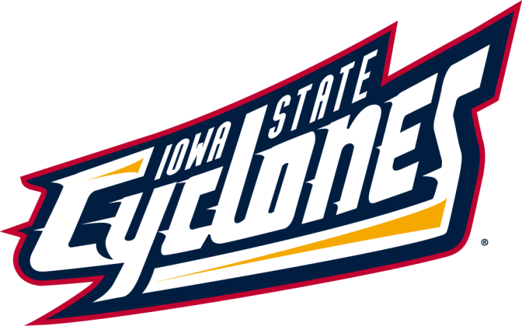 Iowa State Cyclones Logo Wordmark Logo (1995-2007) - Stylized arched Iowa State Cyclones wordmark with larger Cyclones text all in white with gold accent, navy inline, and cardinal outline. SportsLogos.Net