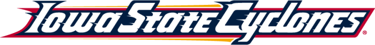 Iowa State Cyclones Logo Wordmark Logo (1995-2007) - Stylized straight Iowa State Cyclones wordmark in white with gold accent, navy inline, and cardinal outline. SportsLogos.Net