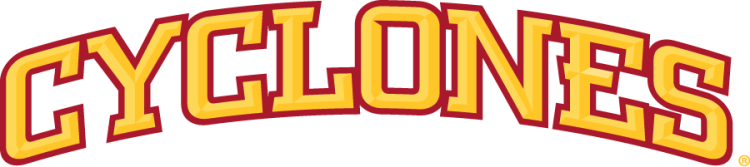 Iowa State Cyclones Logo Wordmark Logo (2007-2008) - Arched Cyclones wordmark with bevels in two shades of gold with cardinal outline. This was replaced in 2008 with wider kerning in the text. SportsLogos.Net