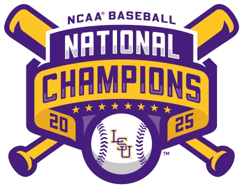 LSU Tigers Logo Champion Logo (2025) - 2025 NCAA Division I Baseball National Champions logo for the LSU Tigers. The design features the said text on ribbons above 8 stars, a baseball with the staggered LSU baseball logo with crossed bats in the background in purple, tonal purple, and gold.  The LSU Tigers defeated Coastal Carolina Chanticleers in two games (best-of-3) for their eighth National Title on June 22, 2025 at Charles Schwab Field in Omaha, Nebraska. SportsLogos.Net