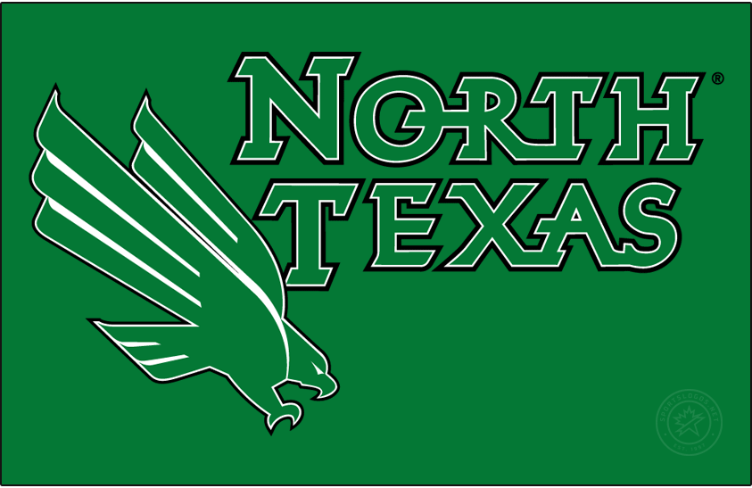 North Texas Mean Green Logo Primary Dark Logo (2005-Pres) - Primary logo of diving eagle beside NORTH TEXAS in green with white & black outlines on green background. SportsLogos.Net