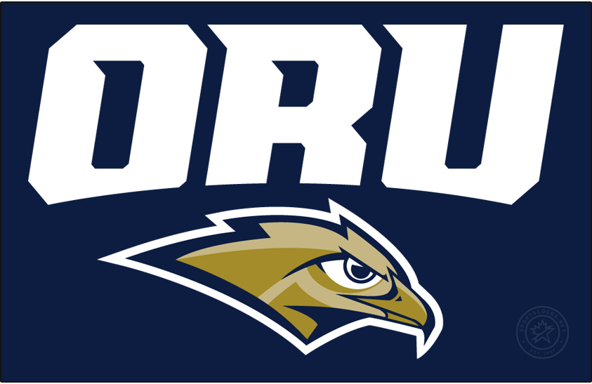 Oral Roberts Golden Eagles Logo Primary Dark Logo (2017-Pres) - Primary logo of ORU abbreviation above the golden eagle head in navy, gold, and dark gold with white outline on navy background. Oral Roberts University unveiled its new athletic identity during its Midnight Madness event in October 2017 which included a new golden eagle design & a new set of wordmarks. SportsLogos.Net