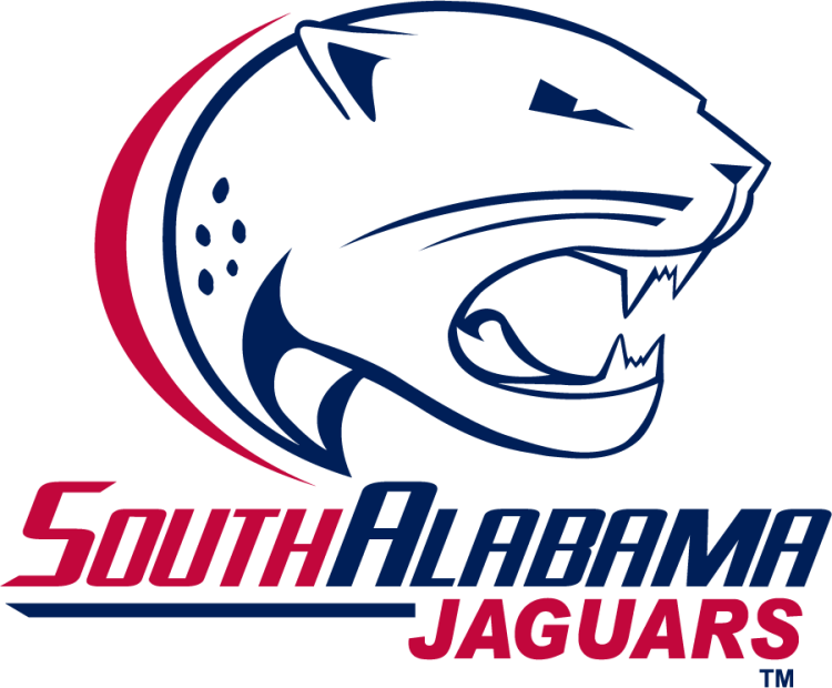South Alabama Jaguars Logo Alternate Logo (2016-2018) - Alternate logo of a right-facing snarling jaguar head in white with blue highlights and red motion stripe above stylized South Alabama Jaguars text in red and blue. The mouth is unfilled in this version. This would become the Primary 2018. SportsLogos.Net